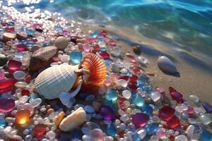 Liebe schimmert auf das Weiß Strand mit transparent und bunt Süßigkeiten farbig Kristall Steine. ai generativ foto