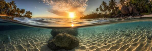 fotografieren von schön einladend Strand Szene mit Sonnenuntergang Himmel. ai generativ foto