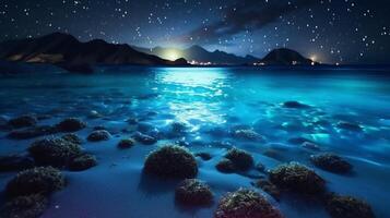 Ozean Ufer beim Nacht, das Wasser ist voll von Dinoflagellaten, glühend mit Millionen hell Blau Neon- glühen im das dunkel winzig Punkte. ai generativ foto