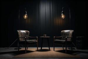 zwei Stühle und Scheinwerfer im Podcast oder Interview Zimmer auf dunkel Hintergrund. ai generativ foto