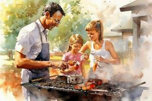 ein beschwingt und lebhaft Bild abbilden ein Vater Grillen und genießen ein Grill mit seine Familie. ai generativ foto