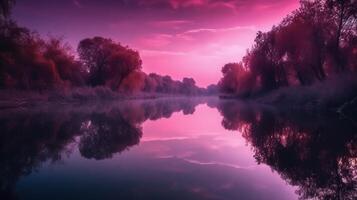 ein Szene im welche das ganz lila Himmel ist reflektiert im das Wasser. ai generativ foto