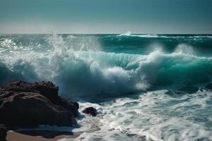 sonnig Tag, Schönheit von Marine Natur, Stärke und Leistung von das Wasser Element im bilden von ein groß Türkis Meer Welle abstürzen auf Ufer. ai generativ foto