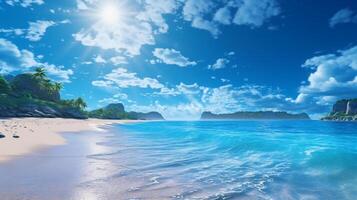 ein schön Strand mit Kristall Blau Wasser und Weiß Sand. ai generativ foto