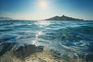 Sommer- Landschaft, Natur von tropisch mit Strahlen von Sonne Licht. schön Sonne Blendung im Welle von transparent Blau Wasser auf Strand gegen Blau Himmel. ai generativ foto