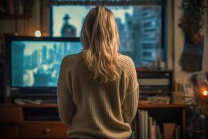 traurig blond Frau zurück Aussicht im ihr Zimmer Stehen. ai generativ foto