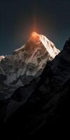 Himalaya wann das Sonne steigt an im Frühling, das Sonne ist golden orange. ai generativ foto