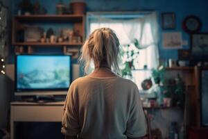 traurig blond Frau zurück Aussicht im ihr Zimmer Stehen. ai generativ foto