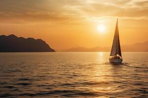 Luxus Yacht Segeln im das Mitte von das Meer neben ein Insel und Berge im das Horizont beim Sonnenuntergang wie breit Banner. ai generativ foto