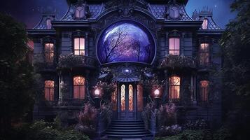 schwarz Haus königlich Außen, Oval Villa, Maximalismus, Blumen, göttlich, ästhetisch, lila Licht, hypermaximalistisch, Swarovski Kristalle, detailliert, exquisit. ai generativ foto