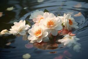 schön Weiß und Rose Blumen schwebend im das See. ai generativ foto