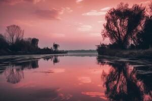 ein Szene im welche das ganz Rosa Himmel ist reflektiert im das Wasser. ai generativ foto