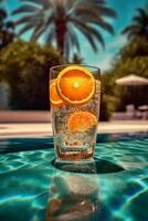 ein Spritz Glas einstellen auf ein Schwimmen Schwimmbad mit Licht Strahlen. ai generativ foto