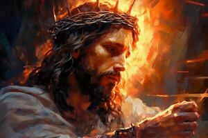 Jesus mit ein Krone von Dornen umgeben durch glühend Licht Palette Messer Zeichnung. ai generativ foto