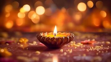 ein Diya Öl Lampe, Diwali Konzept, verschwommen Hindu Festival von Beleuchtung Feier Hintergrund. ai generativ foto