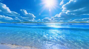 ein schön Strand mit Kristall Blau Wasser und Weiß Sand. ai generativ foto