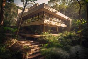 inspiriert Neu Haus im das brasilianisch Dschungel, brutalistisch, Wasserfälle, Beton, spät im das Tag, Sonnenschein durch Bäume, Aussicht von Parkplatz gegenüber Glas Terrasse, breit Schuss. ai generativ foto