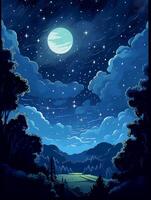 Illustration von ein Mondschein Nacht, mit Sterne funkeln im das Himmel und Wolken. ai generativ foto