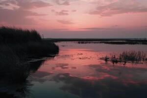 ein Szene im welche das ganz Rosa Himmel ist reflektiert im das Wasser. ai generativ foto