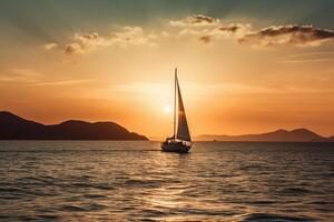 Luxus Yacht Segeln im das Mitte von das Meer neben ein Insel und Berge im das Horizont beim Sonnenuntergang wie breit Banner. ai generativ foto