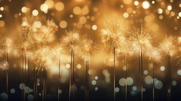 Gold und Silber Feuerwerk und Bokeh im Neu Jahr Vorabend und Kopieren Raum. abstrakt Hintergrund Urlaub. ai generativ foto