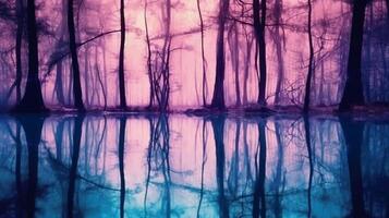 Bäume im ein Wald mit Wasser auf Es, im das Stil von verwischen Silhouette, mit ein Blau lila Ton. ai generativ foto