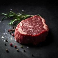 frisch ungekocht Rindfleisch Steak, schwarz Hintergrund. ai generativ foto