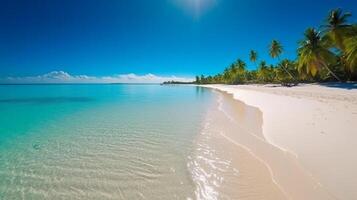 ein schön Strand mit Kristall Blau Wasser und Weiß Sand. ai generativ foto