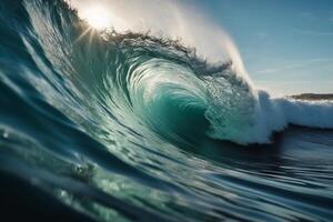 tropisch Blau Surfen Welle. Sonnenschein im das Welle Fass. Nein Personen. schön tief Blau Tube Welle im das Ozean. ai generativ foto