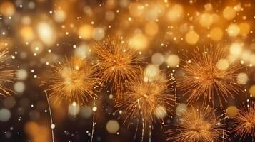 Gold und Silber Feuerwerk und Bokeh im Neu Jahr Vorabend und Kopieren Raum. abstrakt Hintergrund Urlaub. ai generativ foto