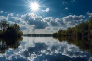 ein Szene im welche das ganz Himmel ist reflektiert im das Wasser. ai generativ foto