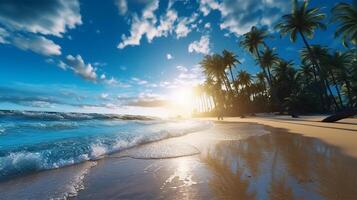 ein schön Strand mit Kristall Blau Wasser und Weiß Sand. ai generativ foto