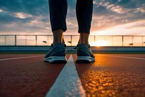 Läufer Füße im ein sportlich Laufen Schiene. jung Mann Athlet Ausbildung beim Sonnenuntergang. ai generativ foto