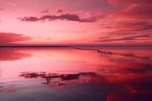 ein Szene im welche das ganz Rosa Himmel ist reflektiert im das Wasser. ai generativ foto