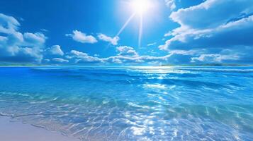 ein schön Strand mit Kristall Blau Wasser und Weiß Sand. ai generativ foto