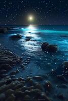 Ozean Ufer beim Nacht, das Wasser ist voll von Dinoflagellaten, glühend mit Millionen hell Blau Neon- glühen im das dunkel winzig Punkte. ai generativ foto
