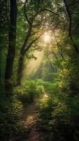 schön Strahlen von Sonnenlicht im ein Grün Wald. ai generativ foto