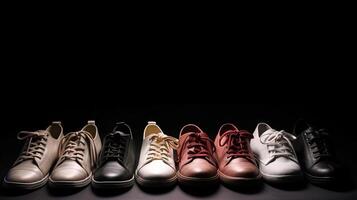 Demonstration von ein Sammlung von Modelle von klassisch Schuhe im ein Reihe, schwarz Hintergrund. ai generiert. foto