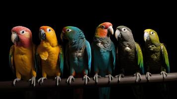 verschiedene Typen von Papageien sind Sitzung im ein Reihe auf ein Zweig, schwarz Hintergrund, isolieren. ai generiert. foto