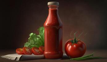 hausgemacht Tomate Soße im ein Glas Flasche mit reif Grün Blatt Tomaten. ai generiert. foto