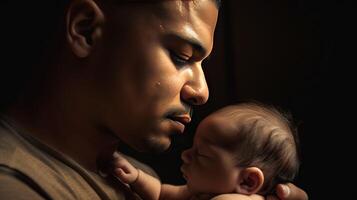 Vater Tag. Nahansicht Baby Nächster zu Papa, Hintergrund Hintergrund. ai generiert. foto