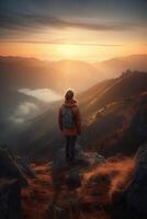 ein Mann ist Stehen auf ein Berg. ai generativ foto