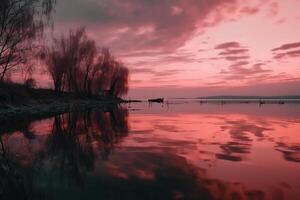 ein Szene im welche das ganz Rosa Himmel ist reflektiert im das Wasser. ai generativ foto