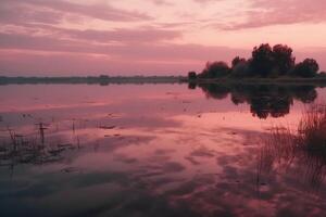 ein Szene im welche das ganz Rosa Himmel ist reflektiert im das Wasser. ai generativ foto