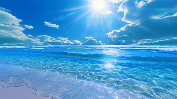 ein schön Strand mit Kristall Blau Wasser und Weiß Sand. ai generativ foto