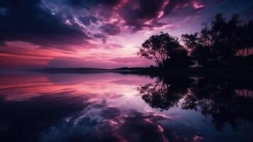 ein Szene im welche das ganz lila Himmel ist reflektiert im das Wasser. ai generativ foto