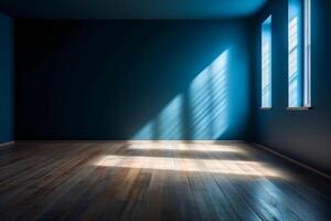 Blau leeren Mauer und hölzern Fußboden mit interessant Licht Blendung. Innere Hintergrund zum das Präsentation. ai generativ foto