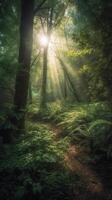 schön Strahlen von Sonnenlicht im ein Grün Wald. ai generativ foto