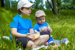 Sommer- und ein warm Tag. Kinder auf ein Picknick sitzen auf ein Decke und Essen Obst von ein Platte. Leben Emotionen von das Leute. foto