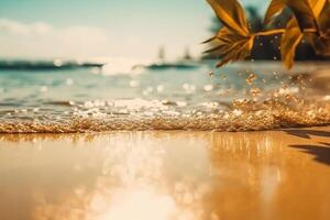 schön Hintergrund zum Sommer- Ferien und Reise. golden Sand von tropisch Strand, verschwommen Palme Blätter und Bokeh Highlights auf Wasser auf sonnig Tag. ai generativ foto